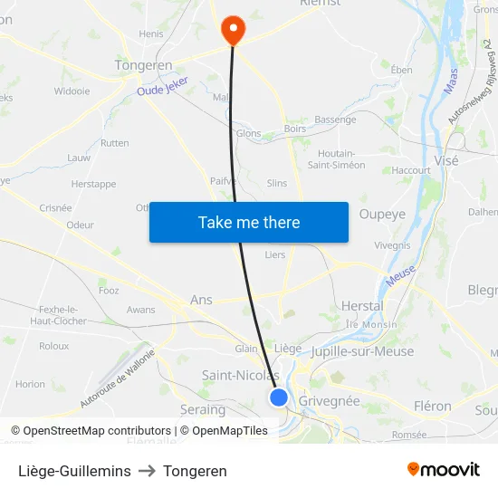 Liège-Guillemins to Tongeren map