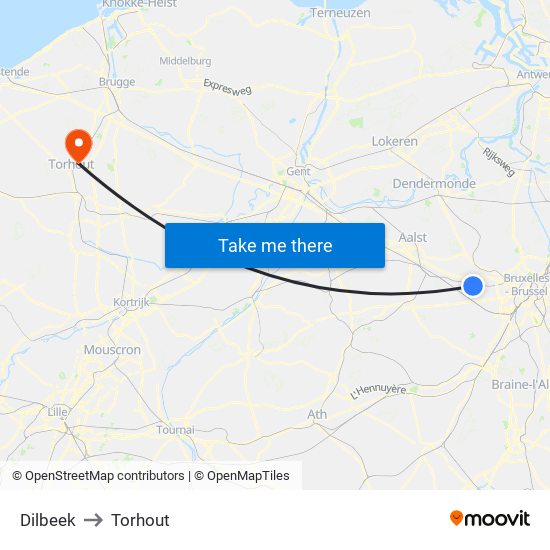 Dilbeek to Torhout map