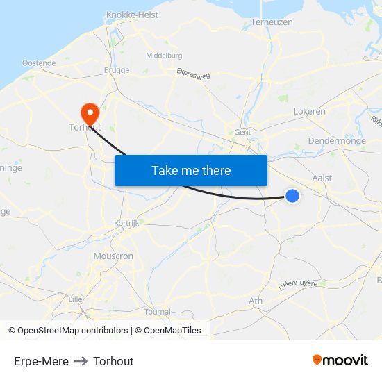 Erpe-Mere to Torhout map