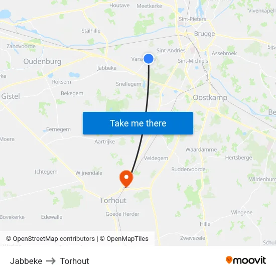 Jabbeke to Torhout map