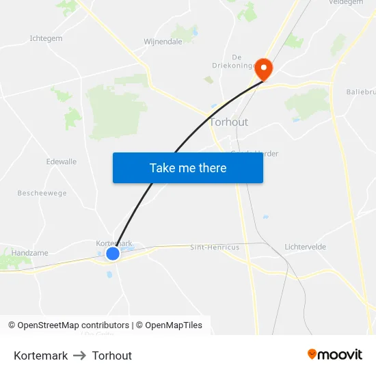 Kortemark to Torhout map