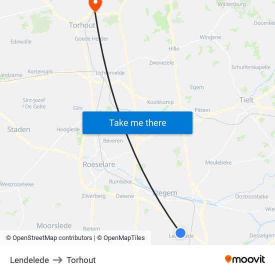 Lendelede to Torhout map