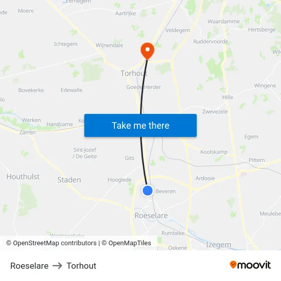 Roeselare to Torhout map