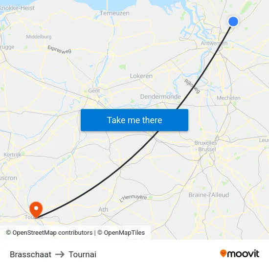 Brasschaat to Tournai map