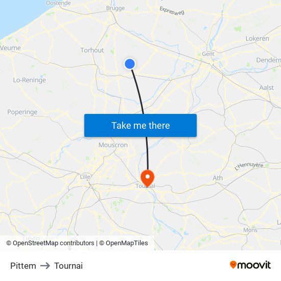 Pittem to Tournai map