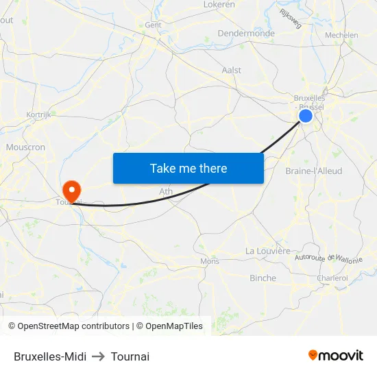 Bruxelles-Midi to Tournai map