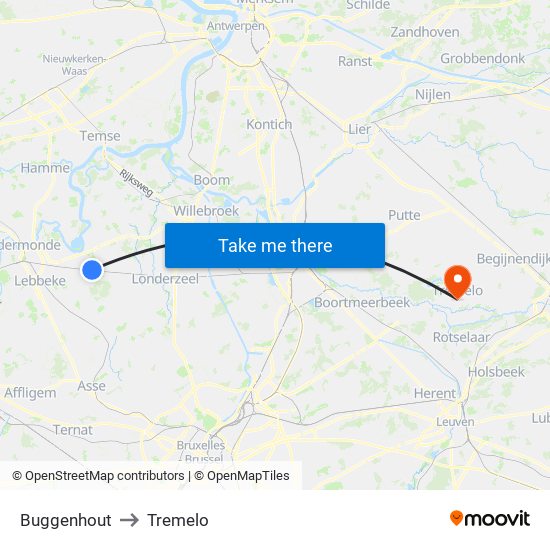 Buggenhout to Tremelo map