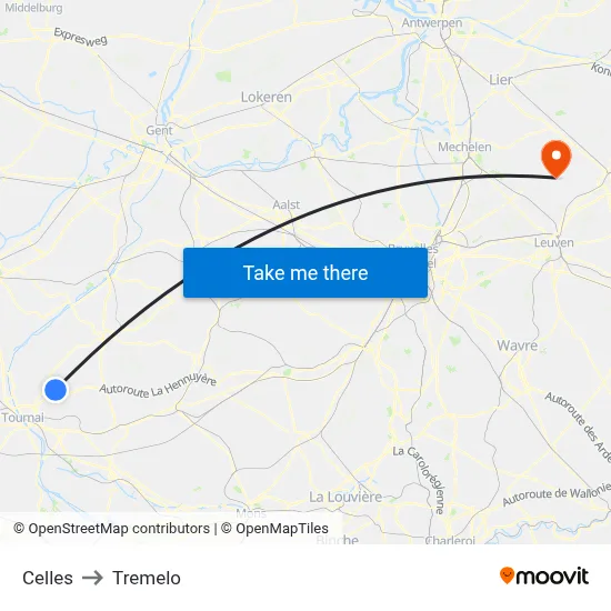 Celles to Tremelo map