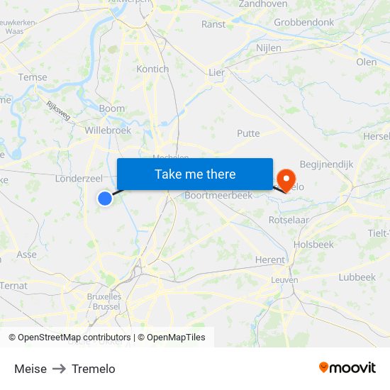 Meise to Tremelo map