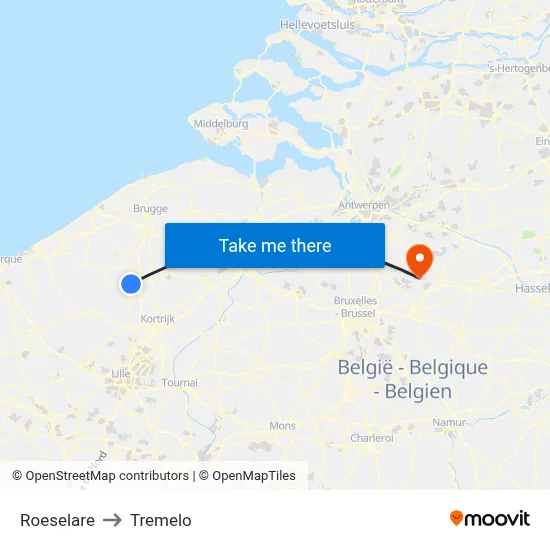 Roeselare to Tremelo map