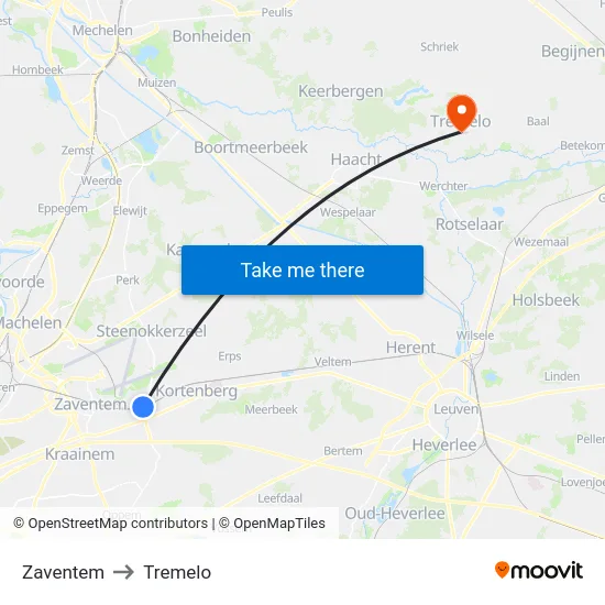 Zaventem to Tremelo map