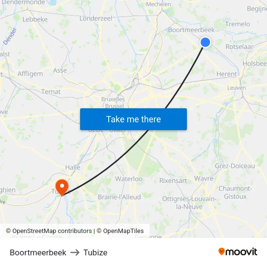 Boortmeerbeek to Tubize map
