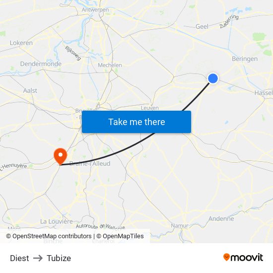 Diest to Tubize map