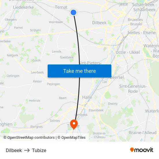 Dilbeek to Tubize map