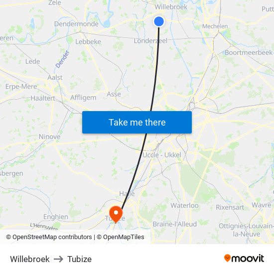 Willebroek to Tubize map
