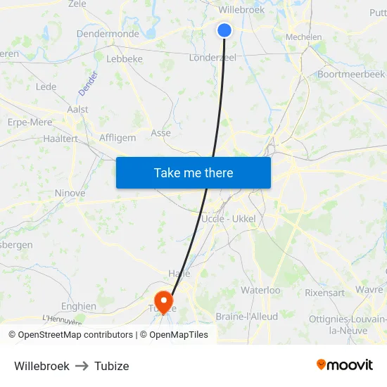 Willebroek to Tubize map
