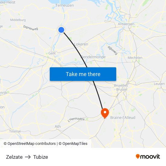 Zelzate to Tubize map