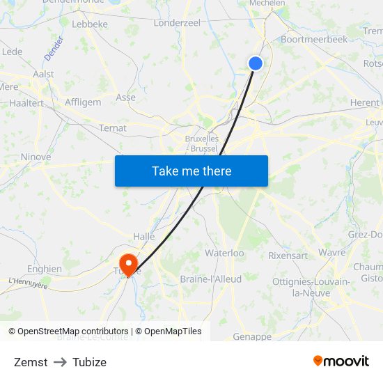 Zemst to Tubize map