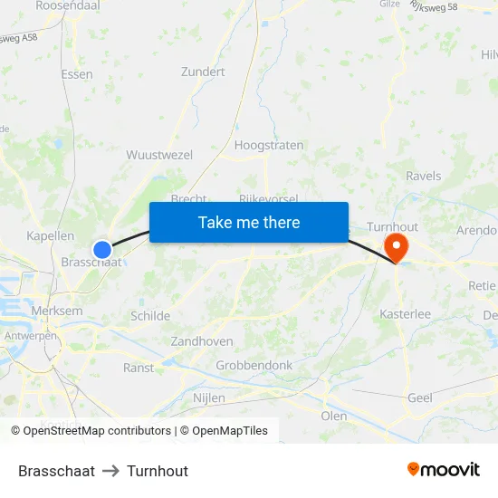Brasschaat to Turnhout map