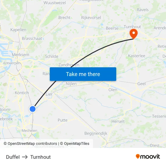 Duffel to Turnhout map