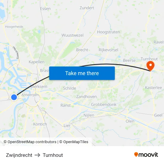 Zwijndrecht to Turnhout map