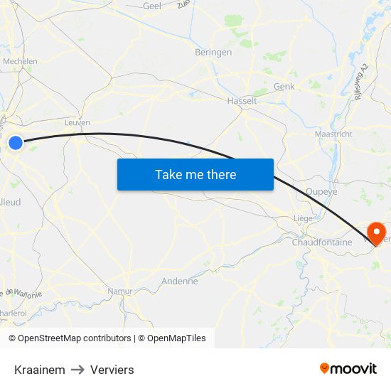 Kraainem to Verviers map