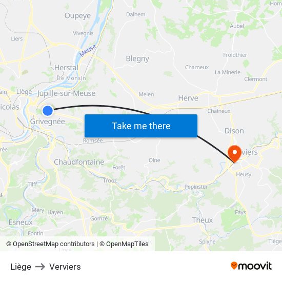 Liège to Verviers map
