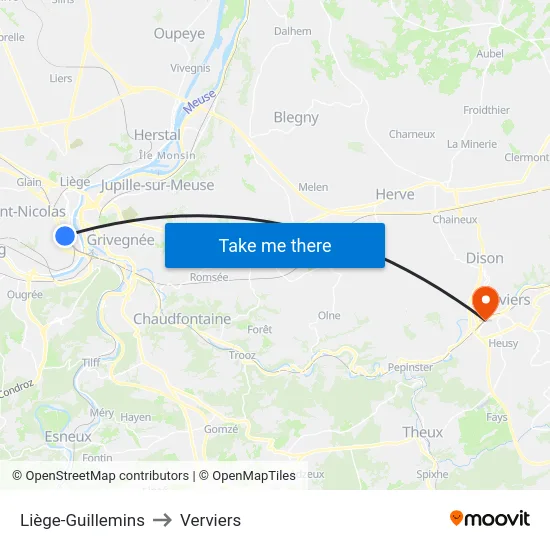 Liège-Guillemins to Verviers map