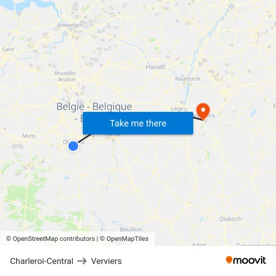 Charleroi-Central to Verviers map