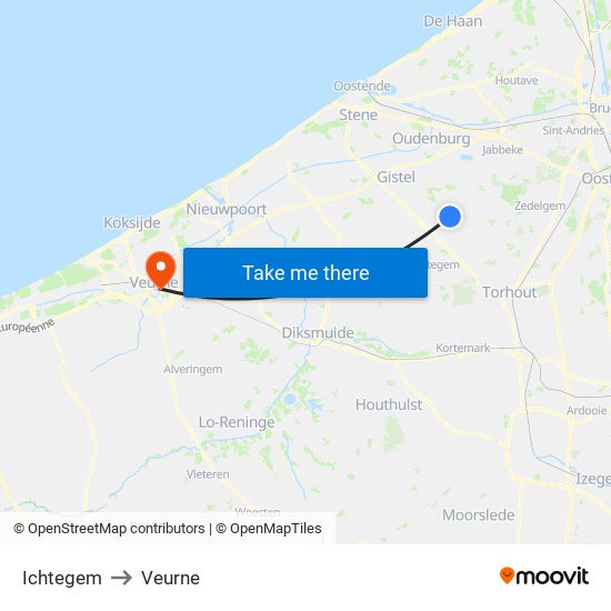 Ichtegem to Veurne map
