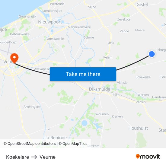 Koekelare to Veurne map