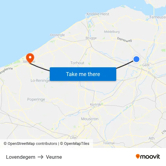 Lovendegem to Veurne map