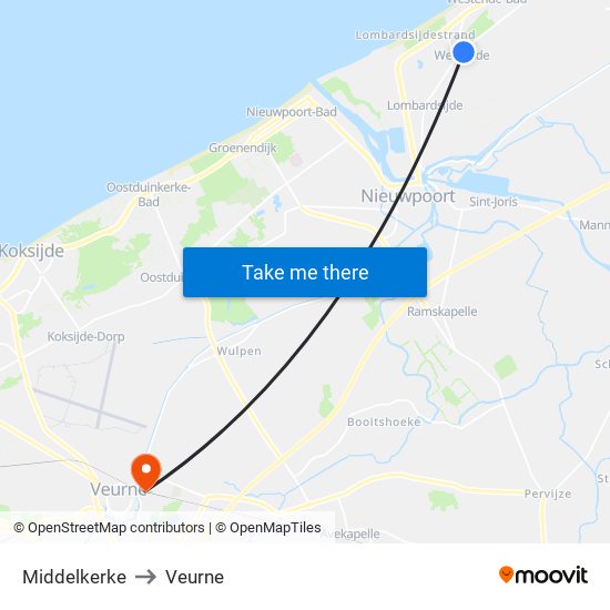 Middelkerke to Veurne map