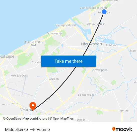 Middelkerke to Veurne map