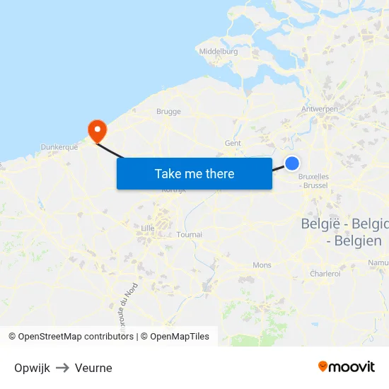 Opwijk to Veurne map