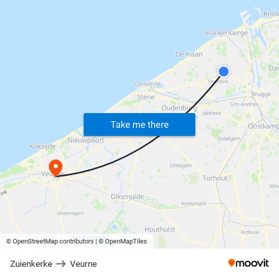 Zuienkerke to Veurne map