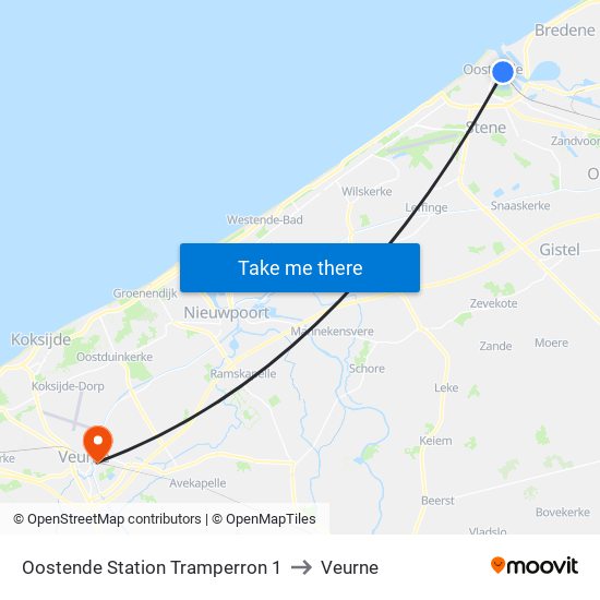 Oostende Station Tramperron 1 to Veurne map