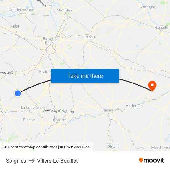 Soignies to Villers-Le-Bouillet map