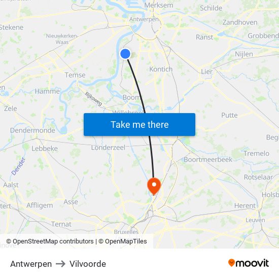 Antwerpen to Vilvoorde map