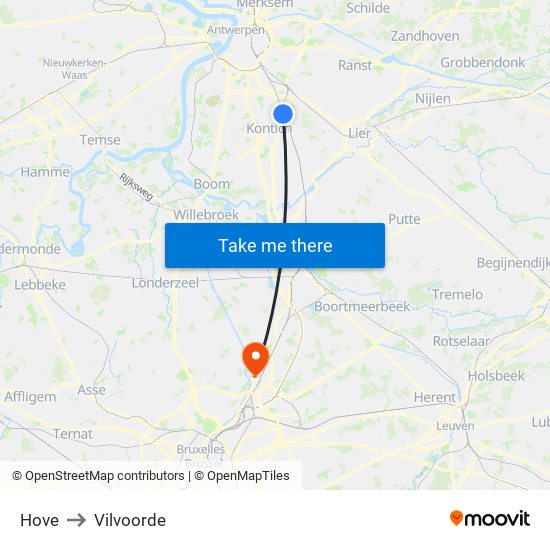 Hove to Vilvoorde map