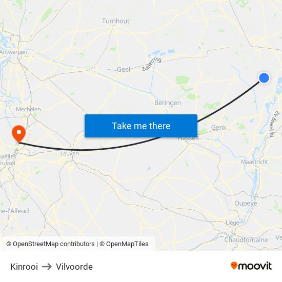 Kinrooi to Vilvoorde map