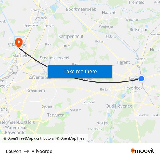 Leuven to Vilvoorde map