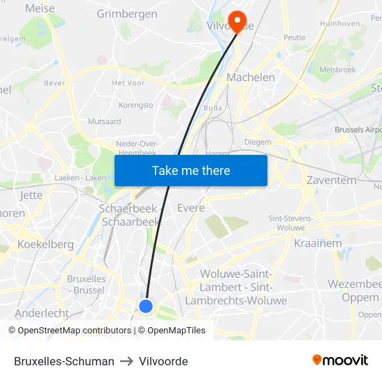 Bruxelles-Schuman to Vilvoorde map