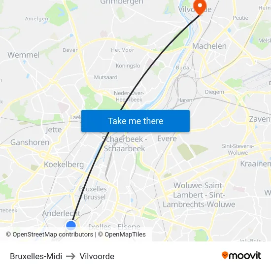 Bruxelles-Midi to Vilvoorde map