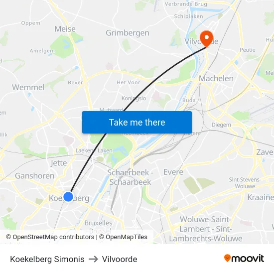 Koekelberg Simonis to Vilvoorde map