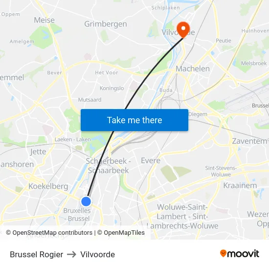 Brussel Rogier to Vilvoorde map