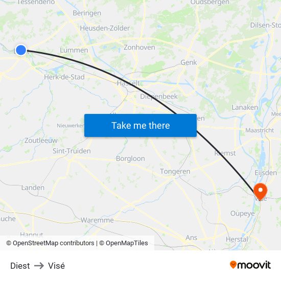 Diest to Visé map