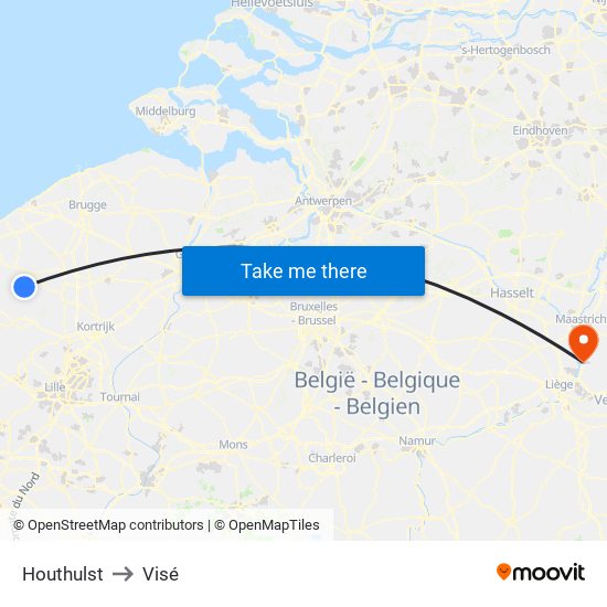 Houthulst to Visé map