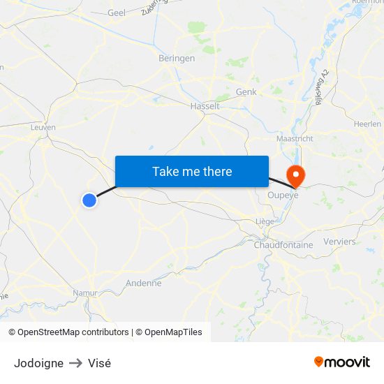 Jodoigne to Visé map