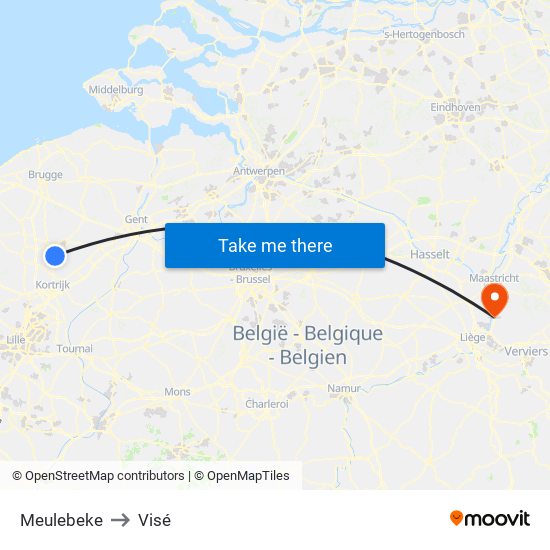 Meulebeke to Visé map